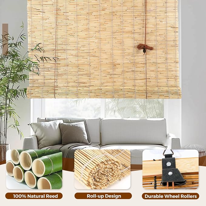 Reed Roller Blinds Shades, Vertical Lifting and Breathable Waterproof Design, Sun Shade and Ventilation, Easy Installation,72" Wx72 H