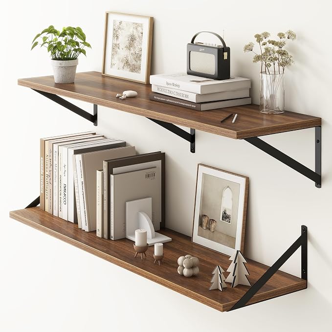 Fun Memories 40 Inch Floating Shelves, 10 Inch Deep Wall Shelf, 40 x 10 Floating Shelf Set of 2, Wood Floating Shelf Wall Mounted, Large Kitchen Living Room Bedroom Storage Shelves, Walnut