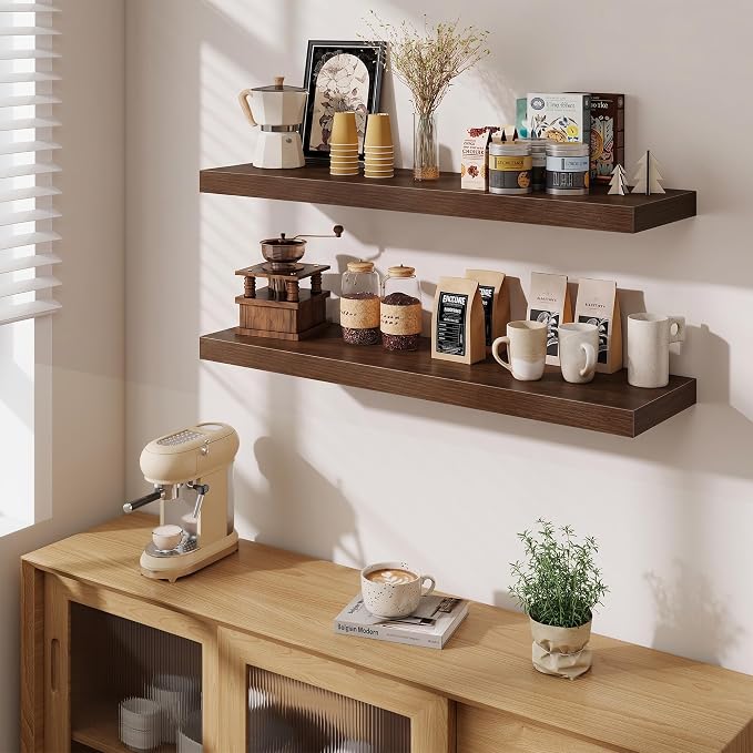 Fun Memories Floating Shelves Set of 3, 40 Inch Long Wooden Wall Shelves, 10 Inch Deep Wall Mounted Storage Shelf with Metal Brackets for Living Room, Bathroom, Bedroom and Kitchen, Walnut