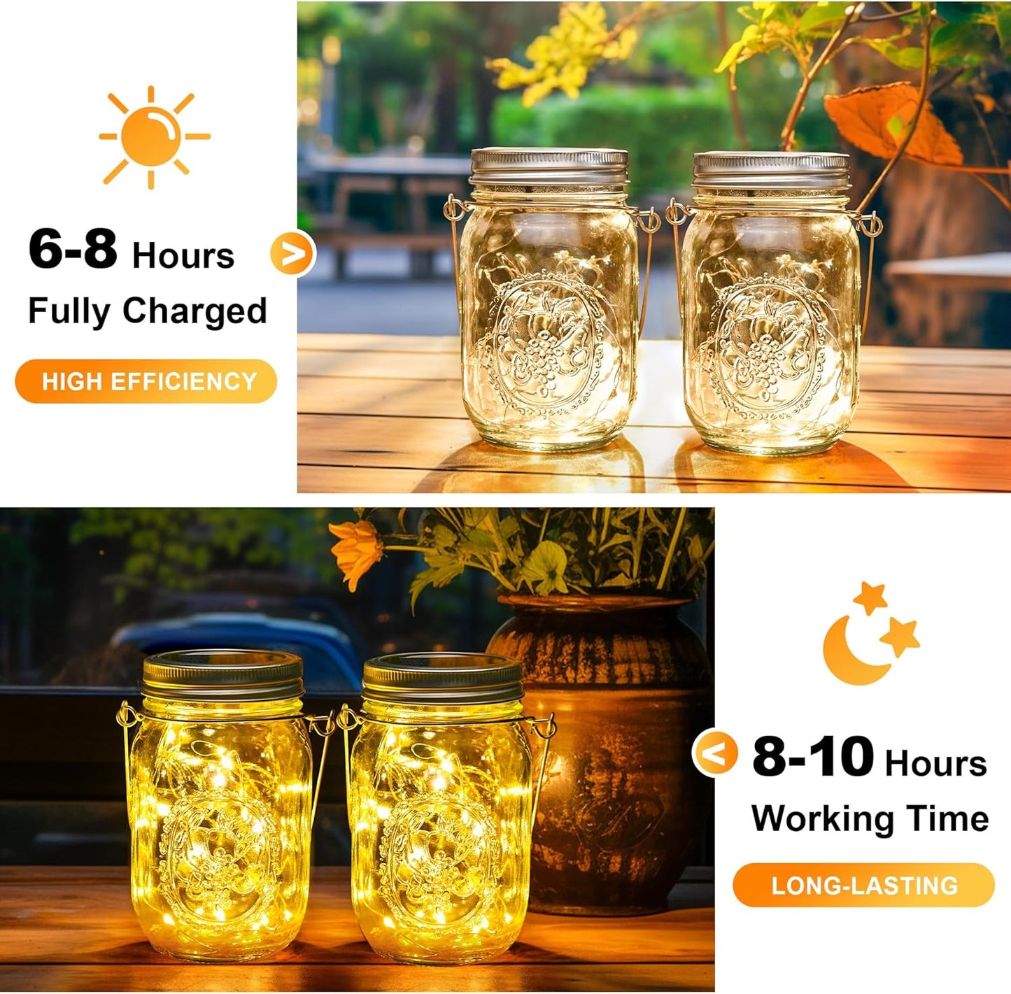 GIGALUMI Solar Mason Jar Lights, 8 Pack 30 Led String Fairy Lights Garden Lights Outdoor Waterproof Metal Lid Hanging Solar Lanterns for Outdoor, Garden, Patio, Lawn, Balcony Decoration