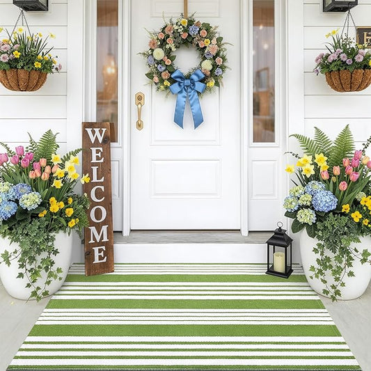 OLANLY Green and White Classic Striped Rug 2'4" x 3'7" (27.5" x 43") – Washable Cotton Indoor Outdoor Doormat for Front Door, Entryway, Kitchen, Porch, Patio Decor