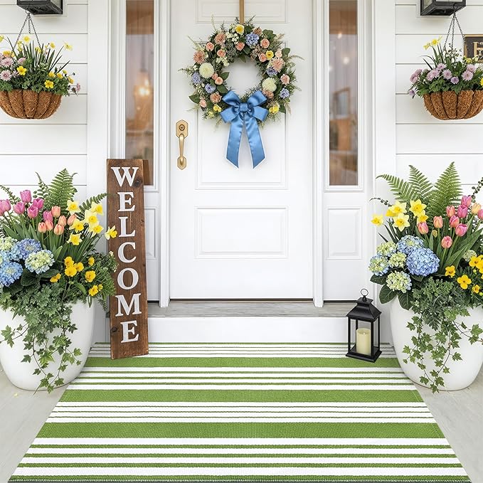 OLANLY Green and White Classic Striped Rug 2' x 4'3" (24" x 51") – Washable Cotton Indoor Outdoor Doormat for Front Door, Entryway, Kitchen, Porch, Patio Decor