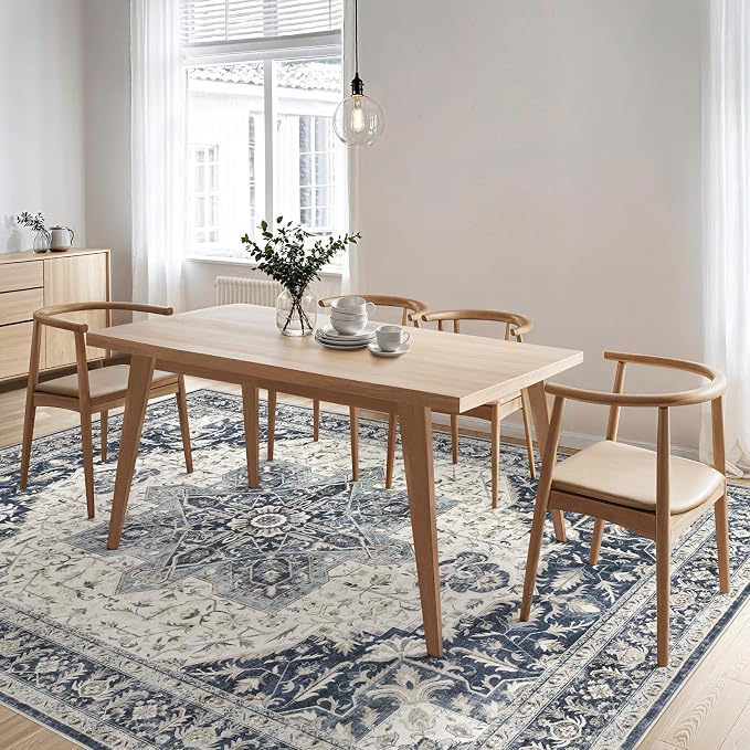 Tortania Area Rug Living Room Rugs - 9x12 Washable Boho Rug Vintage Oriental Distressed Farmhouse Large Thin Indoor Carpet for Living Room Bedroom Under Dining Table Home Office - Indigo
