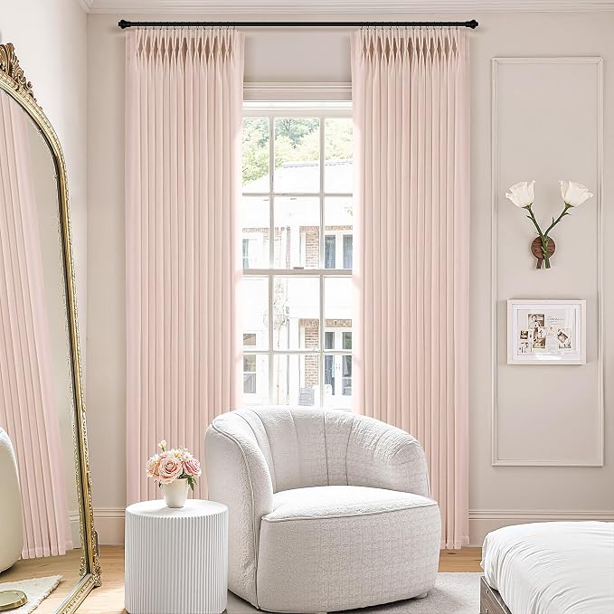 Light Pink Linen Curtains Pinch Pleated 120 Inch Length 2 Panels for Nursery Baby Girls Bedroom Semi Sheer Light Filtering Pleated Linen Curtains for Living Room Bedroom Dusty Blush Pink