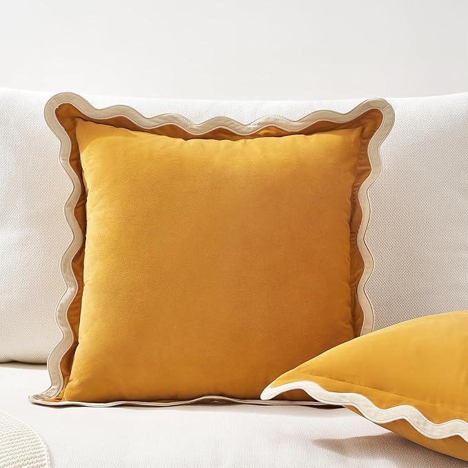 MONDAY MOOSE Decorative Throw Pillow Covers Cushion Cases, Set of 2 Soft Velvet Scalloped Wavy Edge Designs, Mix and Match for Home Decor, Pillow Inserts Not Included (16x16 inch, Cream/Honey)