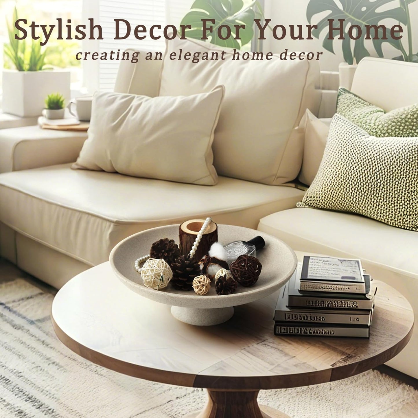 Modern Resin Pedestal Decorative Bowl, Large Fruit Bowl for Kitchen Counter, Stylish Key Bowl for Entryway Table, Beige