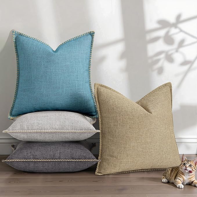 decorUhome Summer Decorative Throw Pillow Covers 16x16 Set of 2 Square Faux Linen Farmhouse Pillow Covers with Stitched Edge Outdoor Pillow Covers for Couch Sofa Living Room, Teal
