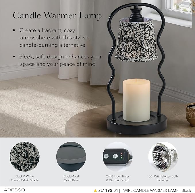 Candle Warmer Lamp – Flameless Candle Melter with Adjustable Timer & Dimmable Light, Bulb Included, Black & White Printed Shade, for Home, Dorm, or Office