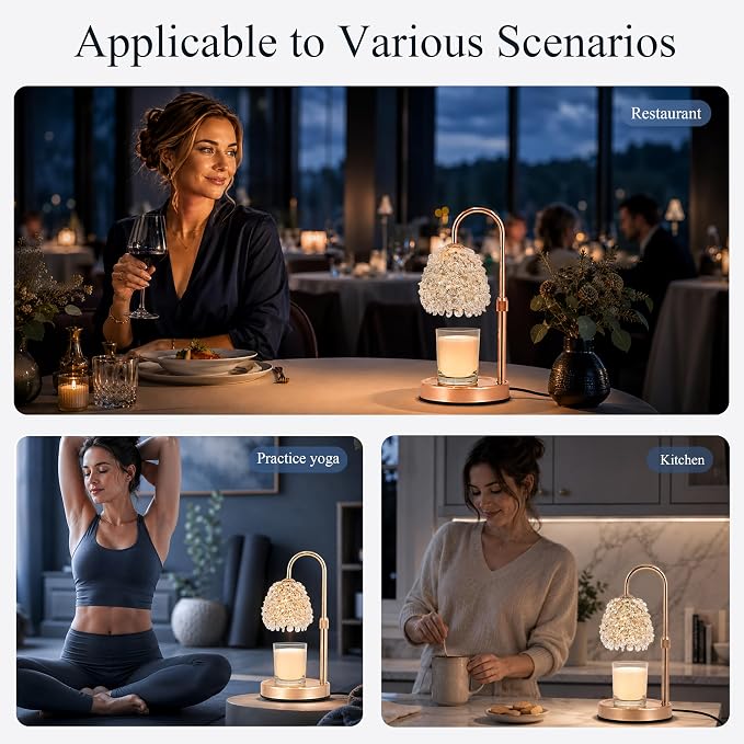 Candle Warmer Lamp with Timer & Dimmer, Adjustable Height Candle Lamp, Hand-Embedded Glass Crystal Lampshade, Valentine’s Day Gifts for Women/Mom, Wax Warmer for Home Decor (Rose Gold)