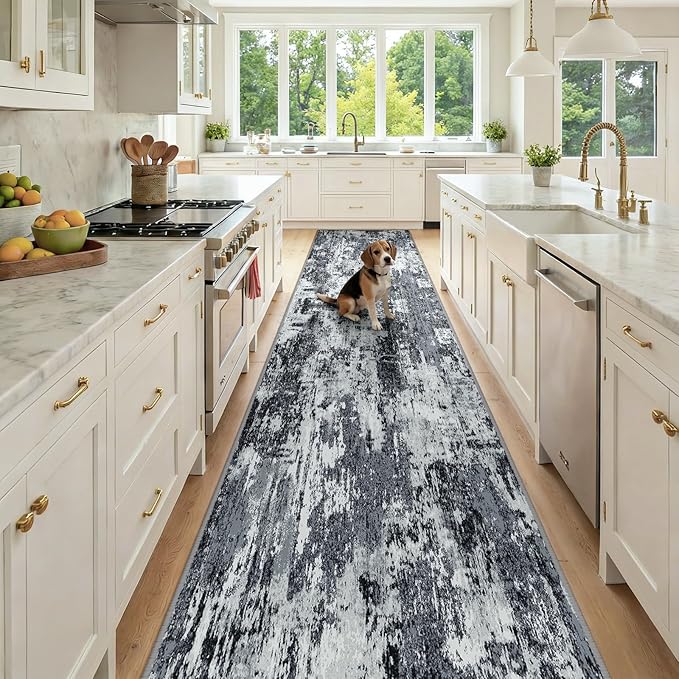 RELEANY Washable Area Rugs 3x12 Non-Slip Modern Abstract Soft for Living Room Entryway Bedroom Nursery, Print Pattern, Black Navy Blue Gray