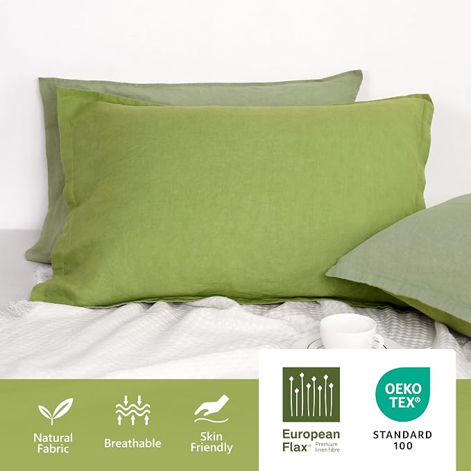 Linen World Linen Pillow Cases 20X40Inch Set of 2,100% French Natural Flax Pillowcase with Envelope Closure-Stone Washed Pillow Shams King Size,Lime Green&Sage Green