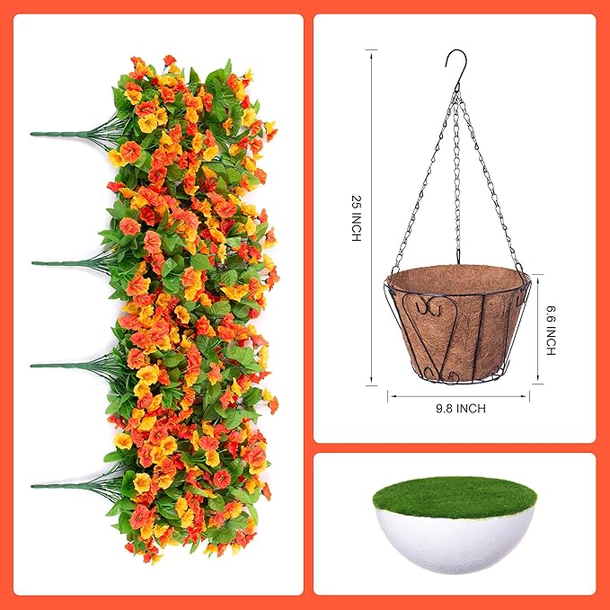 INXUGAO Artificial Flowers with Hanging Basket, Outdoor Faux Plants Silk Morning Glory Vines, Fake Green Arrangement for Garden Patio Spring Summer Decor(4pcs,Orange)