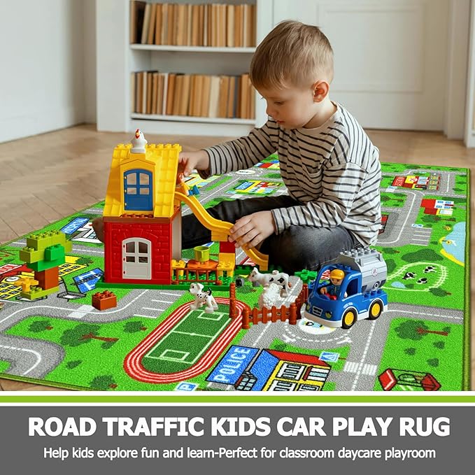 Capslpad Green Car Road Kid Rug Carpet Playmat for Playoom Traffic Road Kids Play Mat for Toddler Non Slip Washable City Map Race Track Carpet Rug for Kids Room Bedroom Nursery Room Decor,5.2'x3.3'