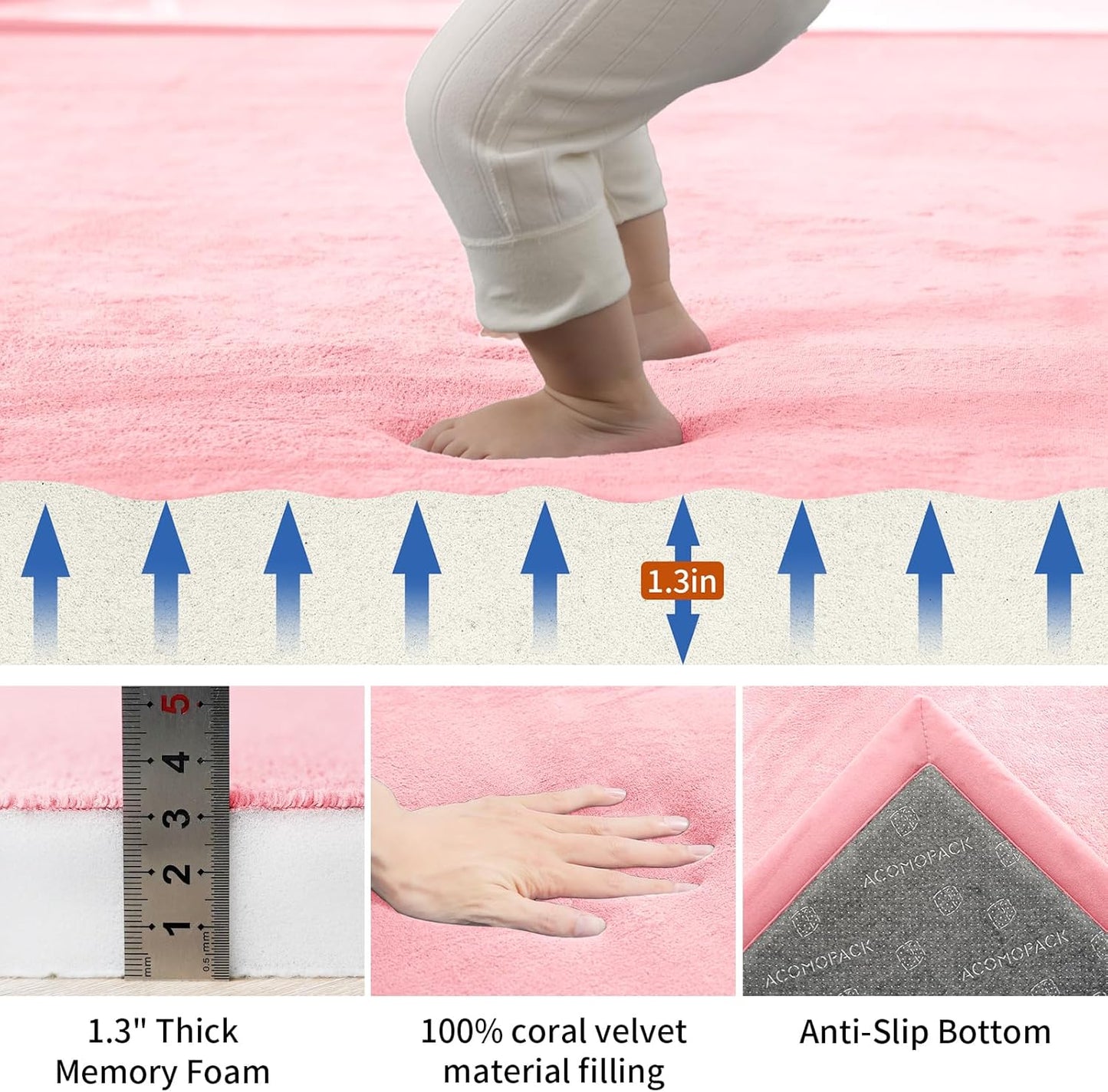 ACOMOPACK Baby Play Mat for Floor,1.3" Thick Memory Foam Area Rug for Living Room,Soft Velvet Crawling with Non-Slip Bottom for Kid,Toddler,79"×157" Tummy Time Nursery Rugs,Yoga（Pink）