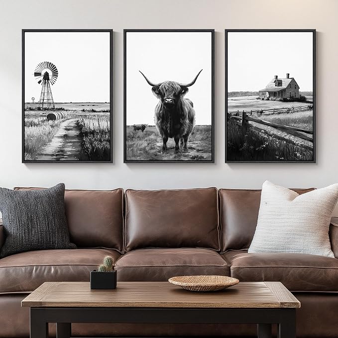 Large Framed Black and White Wall Art for Living Room, Modern Highland Cow Canvas Prints Paintings Set of 3 Pieces, Contemporary Farmhouse Barn Windmill Pictures for Bedroom Dining Room Hallway Wall Decor 20x30 Inch