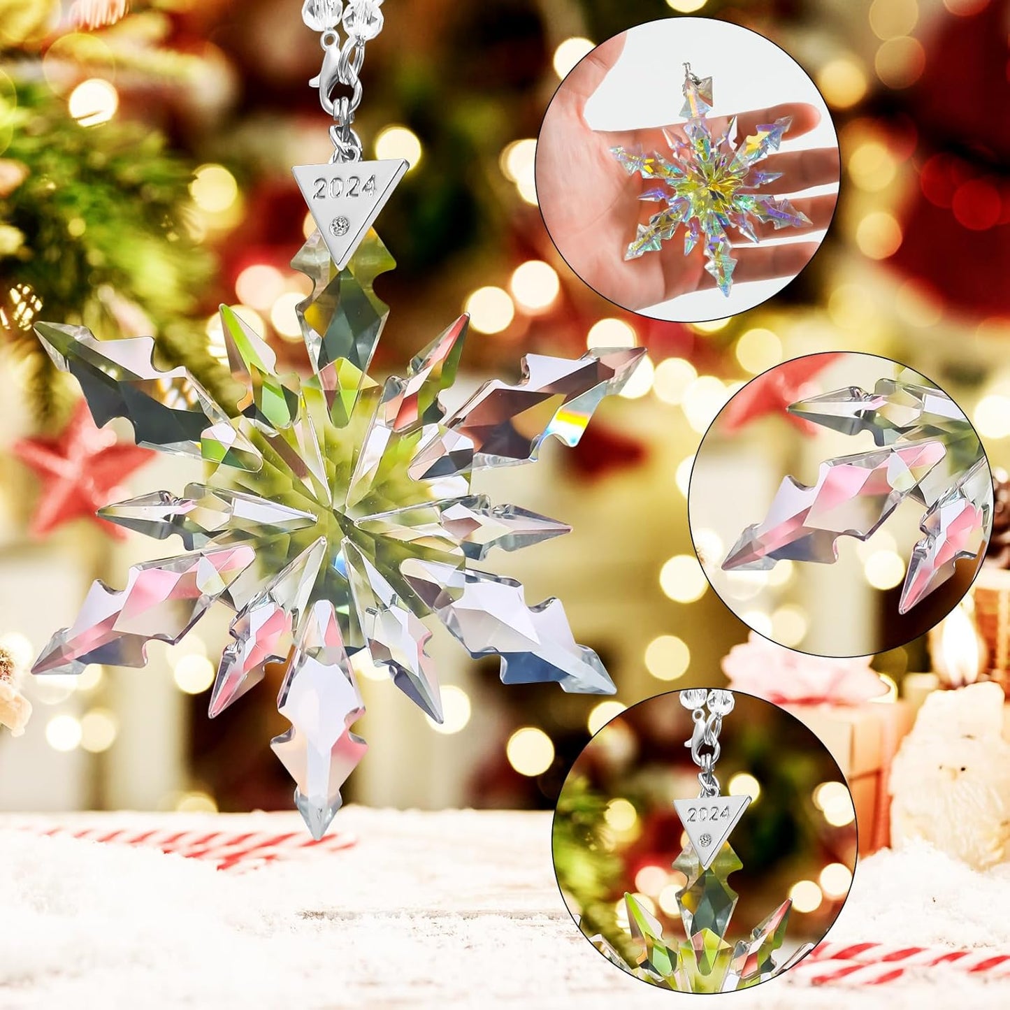 2024 Annual Christmas Ornaments Snowflake Star Clear White Faceted Crystal with Tone Metal Accents and Rayon Ribbon-New Year Christmas Tree Ornaments Crystal Sun Catcher Home Hanging Decor