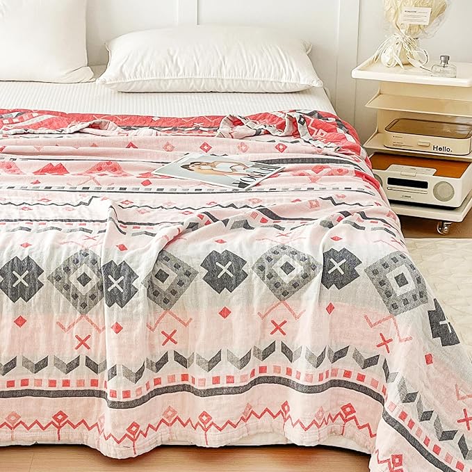 MEJU Boho Indian Pink Gray Stripes Checks Muslin All Season Reversible Blanket for Bed Sofa Couch 100% Combed Cotton Soft Warm Bedspread Throw Blanket Bed Coverlet Full Queen 80 in x 90 in