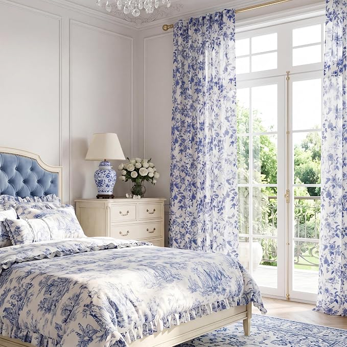 StangH Romantic Blue Floral Curtains for Dining Room & Large Windows, Elegant Peony Pattern Slub Weave Drapes, Victorian Style Manor Aesthetic Window Treatments, W52 x L96, 2 Panels