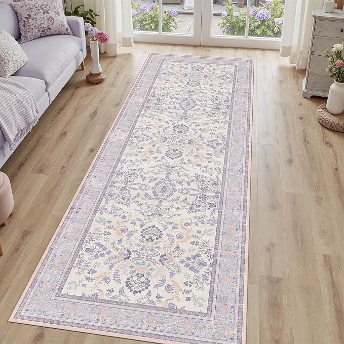 DCX Purple Floral 2x6 Runner Rug, Washable Rug with Flowers Non Slip Backing Hallway Runner Rug Carpet for Entry Office Nursery Soft Low Pile Stain Resistant