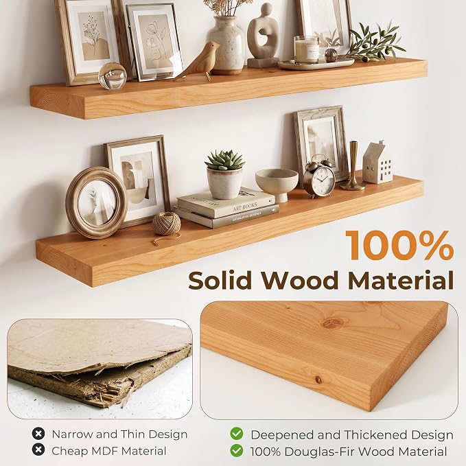 72 inch Floating Shelves for Wall, High End Solid Real Wood Floating Shelf with Heavy Duty Invisible Bracket 72in Long Wooden Wall Shelves for Living Room, Bedroom, Kitchen, Bathroom, Set of 1,Natural