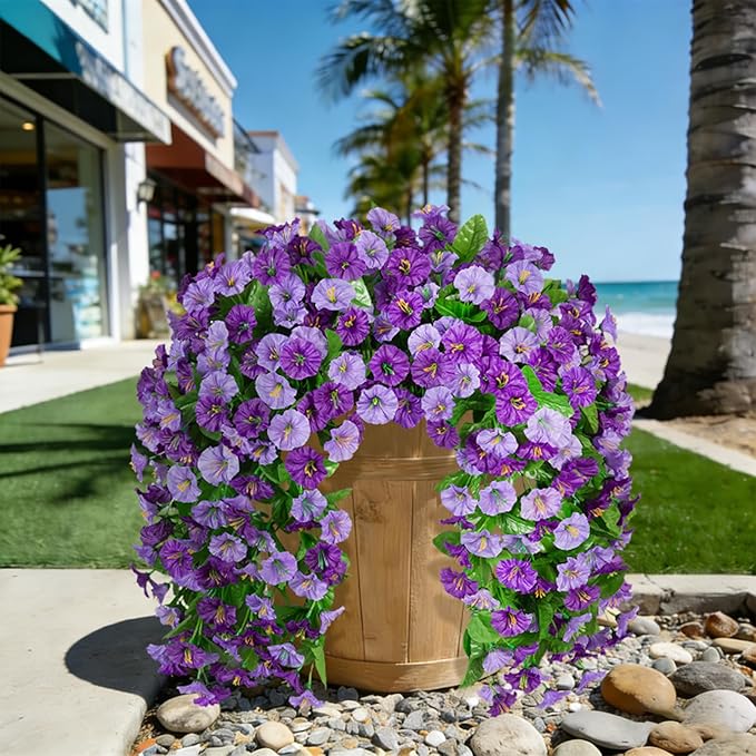 INXUGAO Artificial Fake Hanging Flowers Plants for Outdoor Decoration, 2PCS Faux Silk Morning Glory Long Vines Stems UV Resistant Look Real for Spring Summer Outside Home Porch Patio, Purple
