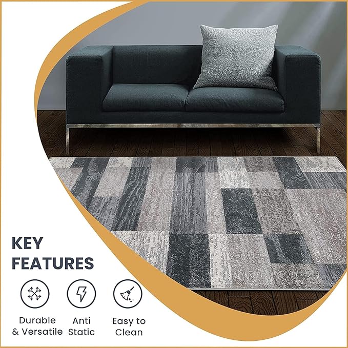 SUPERIOR Indoor Area Rug, Jute Backed, Modern Geometric Patchwork Floor Decor for Bedroom, Office, Living Room, Entryway, Hardwood Floors, Rockwood Collection, 5' x 8', Blue-Taupe