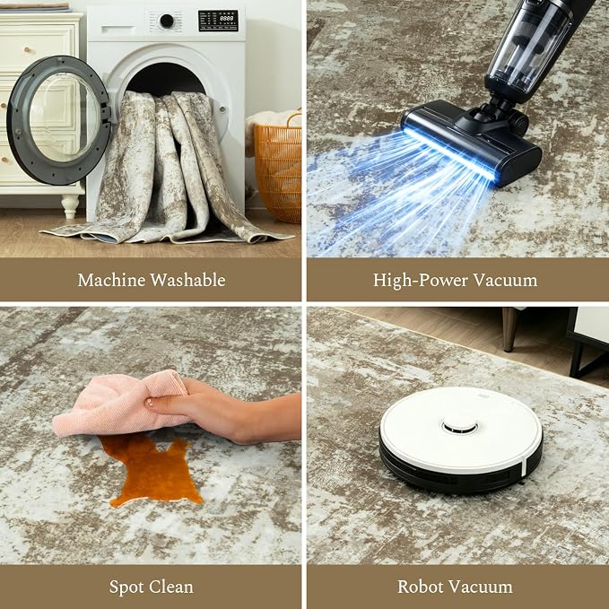 Rugflix 5x7 Area Rugs for Living Room, Washable Large Rug Stain-Resistant Low Pile, Modern Carpet for Dining Room Home Office Kid Room Nursery Bedroom, Brown