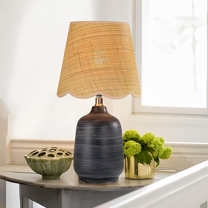 Pia Ricco 19" Modern Ceramic Table Lamp for Living Room Cream Base Desk Lamps for Bedroom Farmhouse Bedside Nightstand Lamp End Table Lamps,White Striped Black Base,Rattan Shade