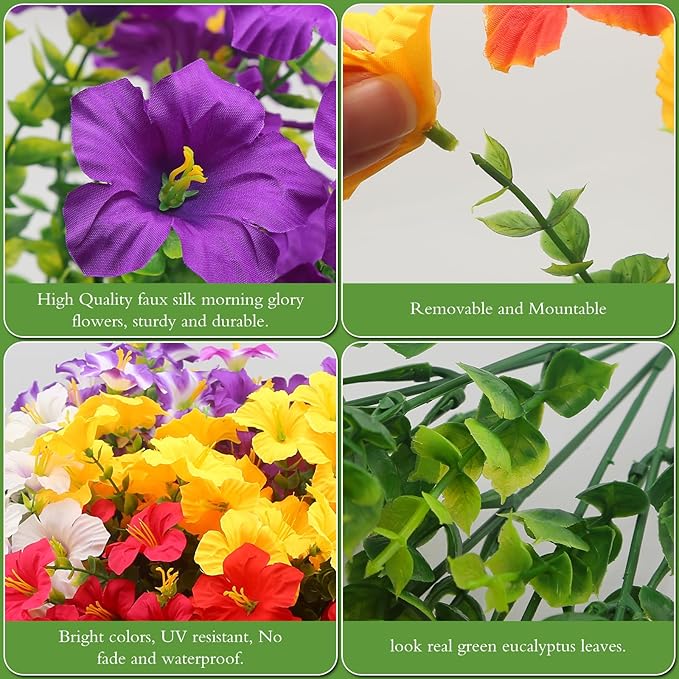 Artificial Flowers for Outdoors Fake Plants Outside, 16 Bundles Silk Morning Glory with Eucalyptus, UV Resistant Realistic Faux Flowers for Planters Porch Patio Garden Balcony Decor (4 Color)