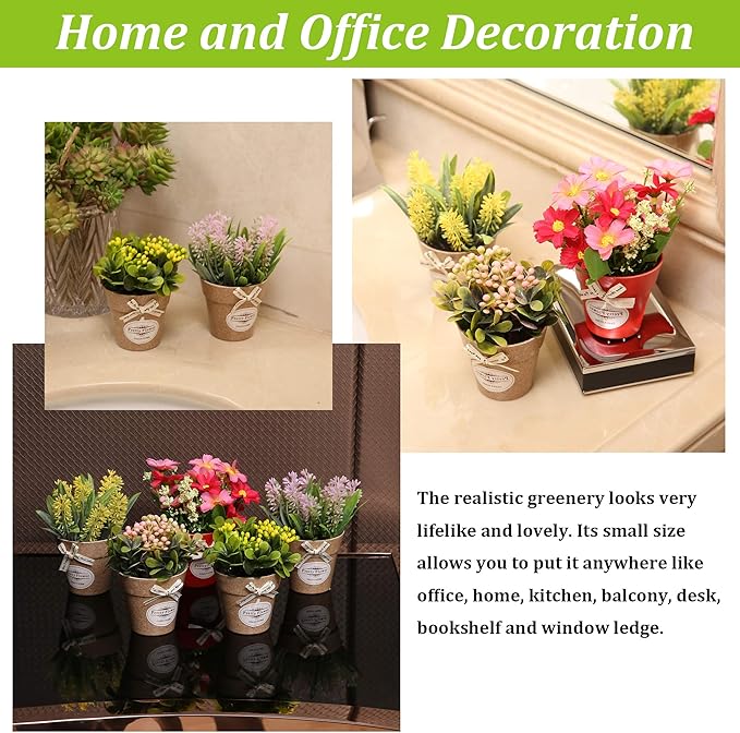 LUEUR Set of 6 Potted Artificial Flowers Fake Flowers with Vase Faux Flowers in Pot, Spring Decor for Home Office Floral Arrangement for Table Dinning Room Decoration Shelf Decor