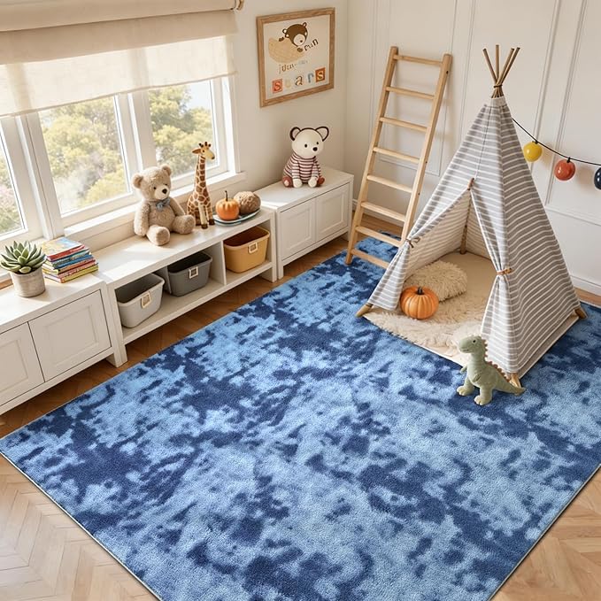 FinRèc 5x7 Washable Area Rugs for Bedroom Living Room, Low Pile Thin Ultra Soft Shag Rug, Non-Slip Carpet Indoor for Home Decor (Tie-dye Teal)