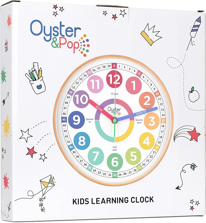 Oyster&Pop Pastel Kids Learning Clock – Award-Winning 10" Silent Non-Ticking Analog Wall Clock for Classroom & Kids Bedroom – Cute Colorful Decor & Educational Tool – Includes Teaching Time E-Book