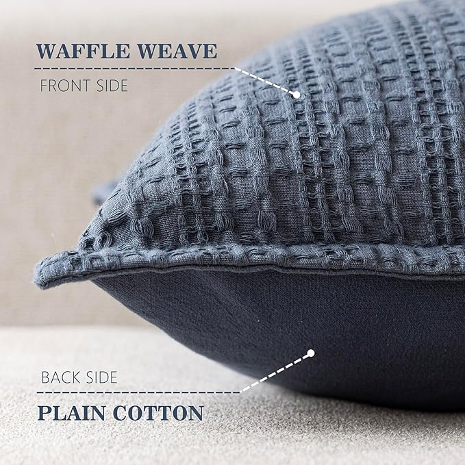 Foindtower Set of 2 Decorative Cotton Waffle Weave Throw Pillow Covers Euro Shams Cushion Covers Accent European Pillowcase for Bed Couch Sofa Bedroom Living Room Home Decor 26×26 Inch Blue