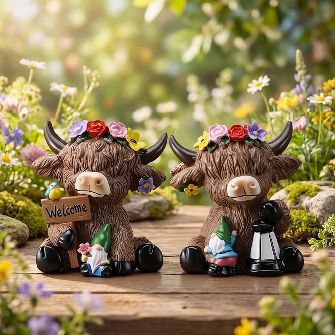 Karenhi 2 Pcs Spring Highland Cow Figurines, Garden Flower Crown Resin Cow Statues with Lantern & Welcome Sign, Gnomes Calf Lovers Gifts for Home Garden Kitchen Office Tiered Tray Table Decor