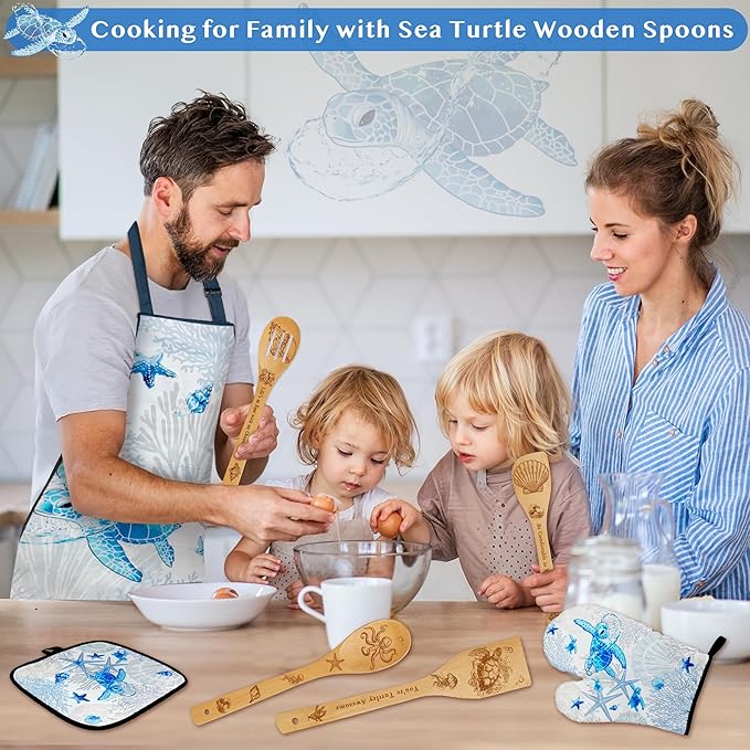 8 PCS Ocean Bamboo Kitchen Cooking Utensil Spoon Set with Apron Oven Mitt Potholder,Gift for Women Coastal Decor Beach Theme Kitchen Decorations,Sea Turtle Lovers,Housewarming,Birthday,Easter