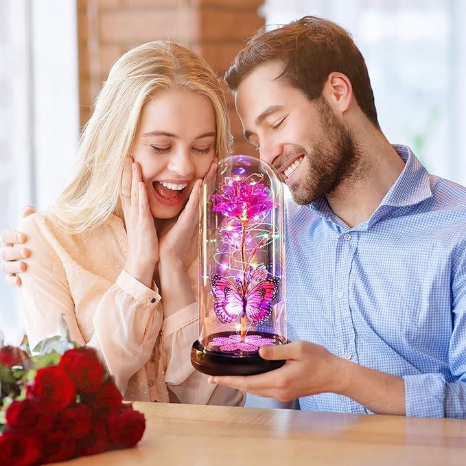 Mothers Day Rose Gifts for Mom Birthday Gift, Rechargeable Galaxy Glass Rose in Glass Dome Crystal Roses Butterfly Anniversary Mother's Day Flowers Gifts for Women Mom Wife Grandma Daughter, Pink