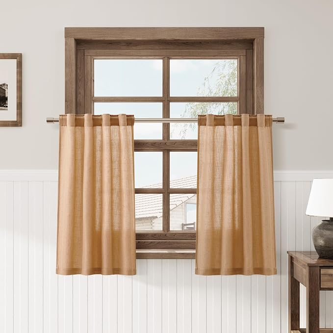 Camel Kitchen Cafe Curtains 30 Inch Length Linen Blend Privacy Light Filtering Short Rustic Curtain with Rod Pocket Back Tab Pleated Design for Over Sink Bathroom Laundry Room 2 Panels 26Wx30L