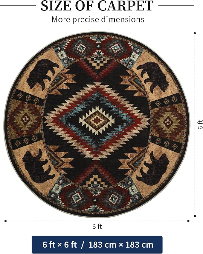 YIHOUSE Southwestern Round Rug 6ft, Low Pile Soft Circle Area Rug with Non-Slip Backing, Western Rustic Washable Rugs for Living Room, Bedroom