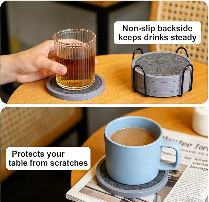 Absorbent Coasters for Drinks with Holder - 6packs, Silicone Coaster with Soft Felt Insert (4.3 inch Coasters with 4.5 inch Holder, Heathered Dark Gray)