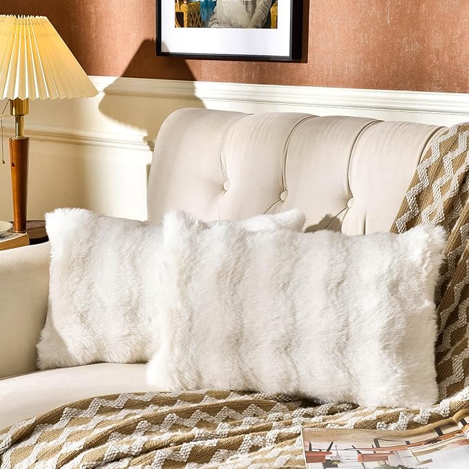 AmHoo Pack of 2 Throw Pillow Covers 3D Dense Faux Rabbit Fur Cozy Super Soft Fuzzy Set Case Cushion for Couch Sofa Bedroom 12 x 20-Inch Cream White
