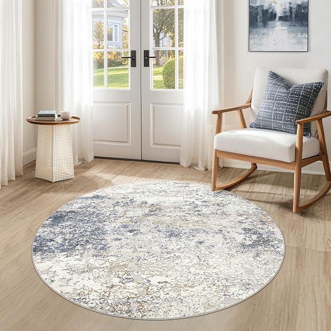 DMOYEST 4ft Round Area Rug Living Room Rugs - 4x4 Washable Large Soft Indoor Neutral Modern Abstract Low Pile Rug Carpet for Bedroom Dining Room Farmhouse Home Office - Beige Blue