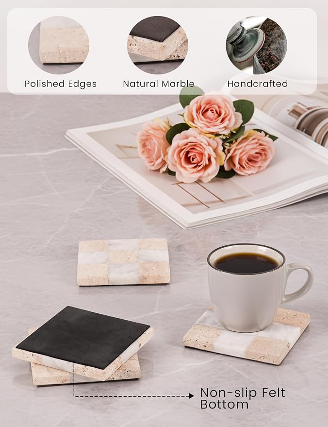 Marble Coasters Set of 4, Travertine & White Matt Handmade 4 inch Square Checkered Stone Coaster, Drink Coasters for Living Room, Trendy Office Desk Accessories & Home Décor