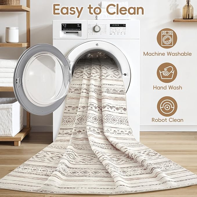 cotiled 5x8 Area Rug Living Room: Washable Boho Rugs with Non Slip Backing Large Soft Indoor Stain Resistant Carpet for Bedroom Farmhouse Dining Room Lightweight Home Decor Cream Brown