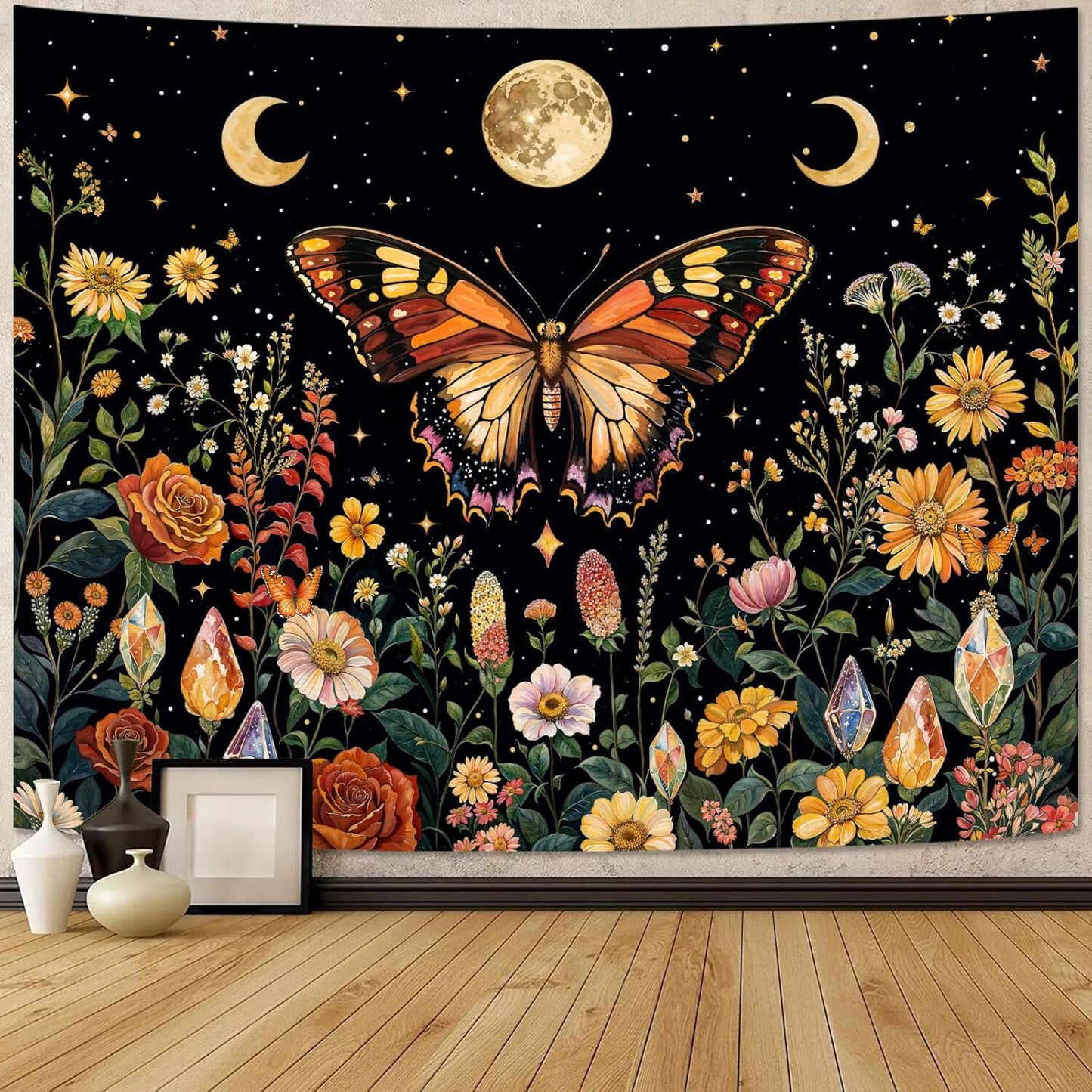 Lunerfex Boho Butterfly Tapestry Flower Moon Wall Tapestry, Moon Phases Tapestries for Bedroom Cute Tapestries Wall Hanging for Bedroom Living Room Decor Butterfly-2 70"x90"