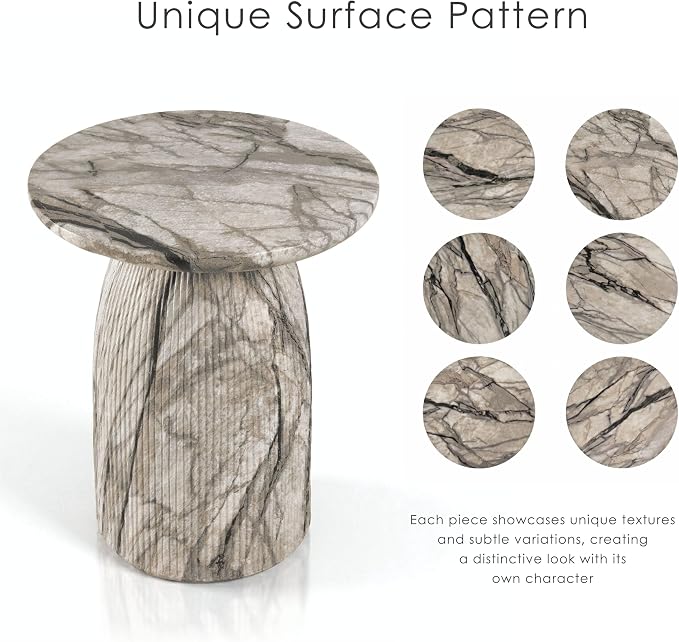 24/7 Shop at Home Ranera Modern 17-inch Natural Stone Side Table with Round Pedestal Base, Marble Nightstand, Fluted Patio End Table, for Living Room, Covered Outdoor Spaces, Ivory Gray Marble