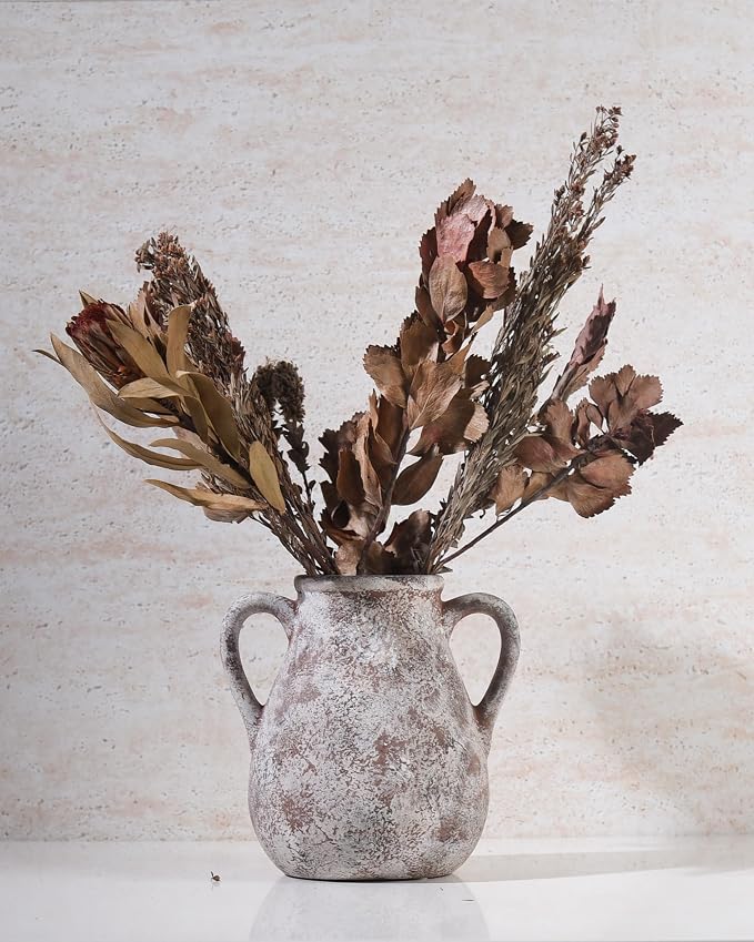 Ceramic Vase Set of 3 with Handles, Aged Terracotta Finish | Handmade Ceramic Vases with Glazed Interiors and Aged Terracotta Texture for Tables, Shelves, Mantels and Flowers