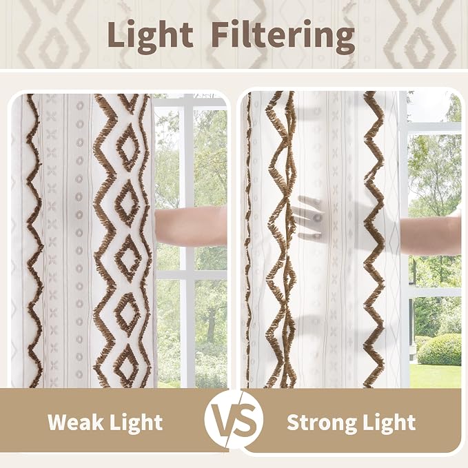 BGment Taupe Boho Linen Curtains with Tufted Pom Stripe Geometric, Jacquard Pattern Drapes with Grommet for Bedroom Living Room, 52 X 96 Inch, 2 Panels Set