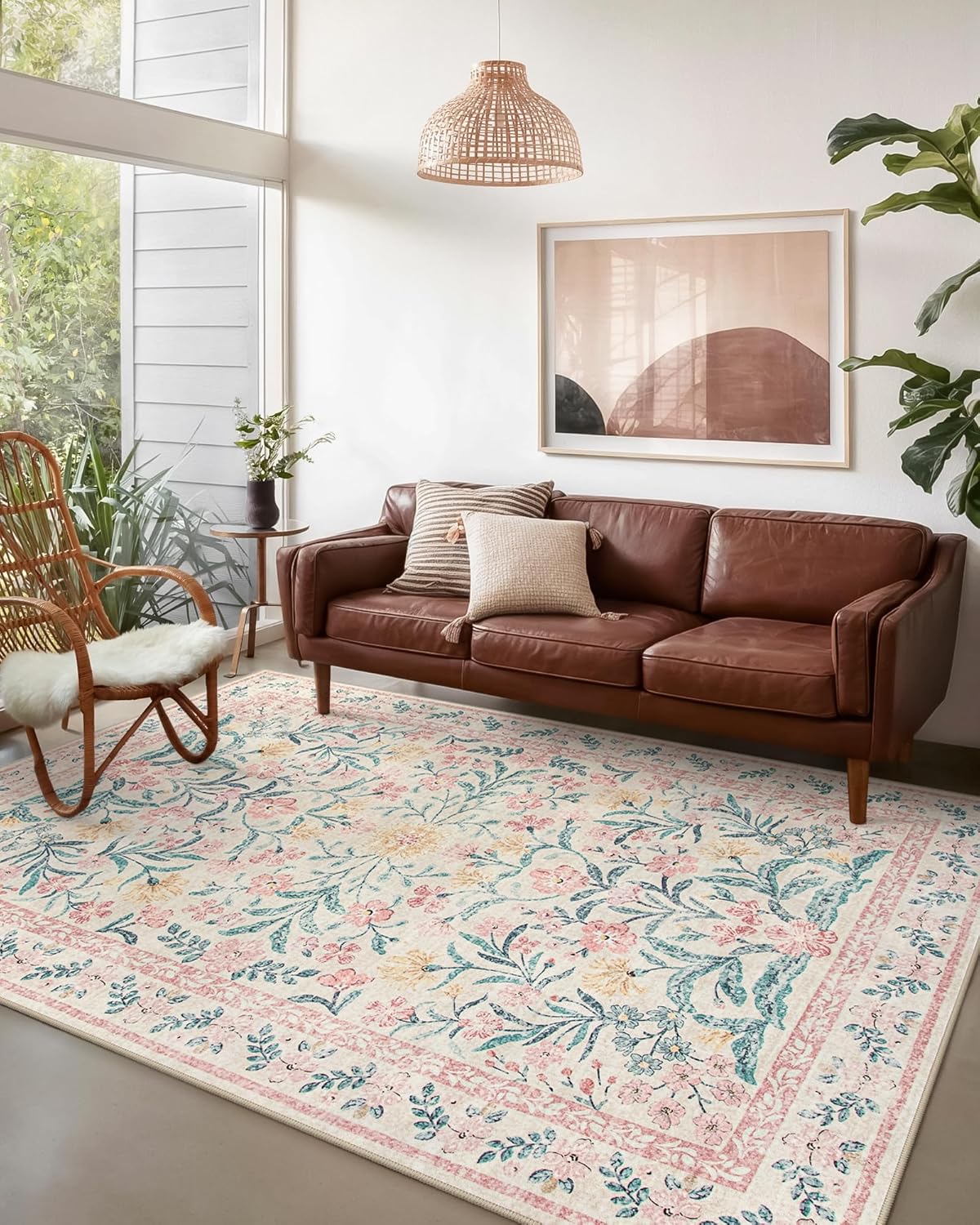 Wonnitar Machine Washable 5x7 Nursery Rug, Pink Rugs for Bedroom Girls, Boho Soft Floral Carpet Non Slip, Indoor Ultra-Thin Floor Carpet for Kid Room Living Room Dorm