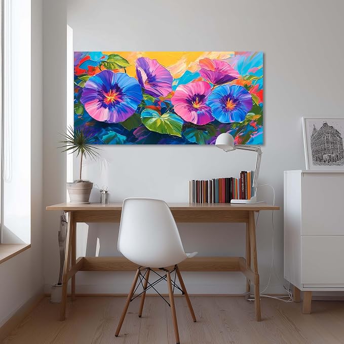 Ggaafet Blue Purple Flowers Wall Art for Bedroom Canvas Oil Painting Prints Beautiful Morning Glory Floral Blooming Art Deco Vibrant Artwork Office Family Dining Room Decor