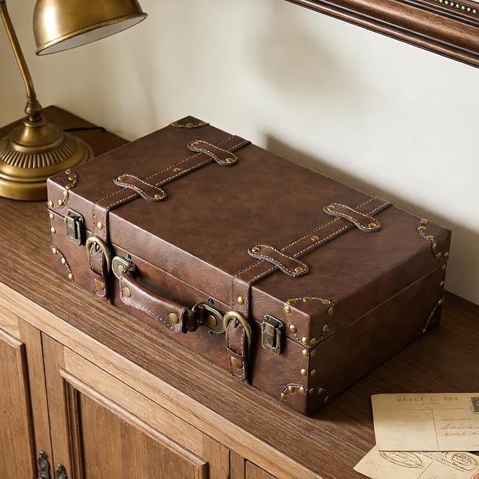 DECOR4SEASON Vintage Leather & Wood Storage Box – Compact Decorative Suitcase Chest with Classic Design, Perfect for Keepsakes, Travel, and Home Organization
